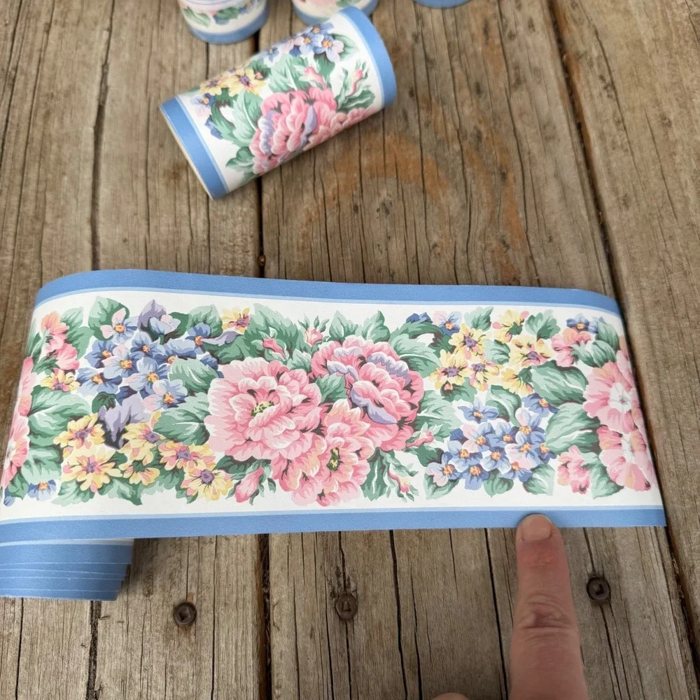 Vtg Rosedale Floral Wallpaper Border 5 Rolls Blue Pink Peony Vintage Style